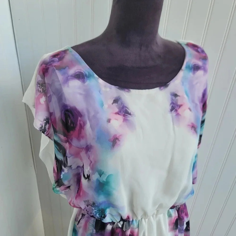Maurices Women's Floral Print Short Sleeve Dress Watercolor Lined Sz M - Picture 2 of 12